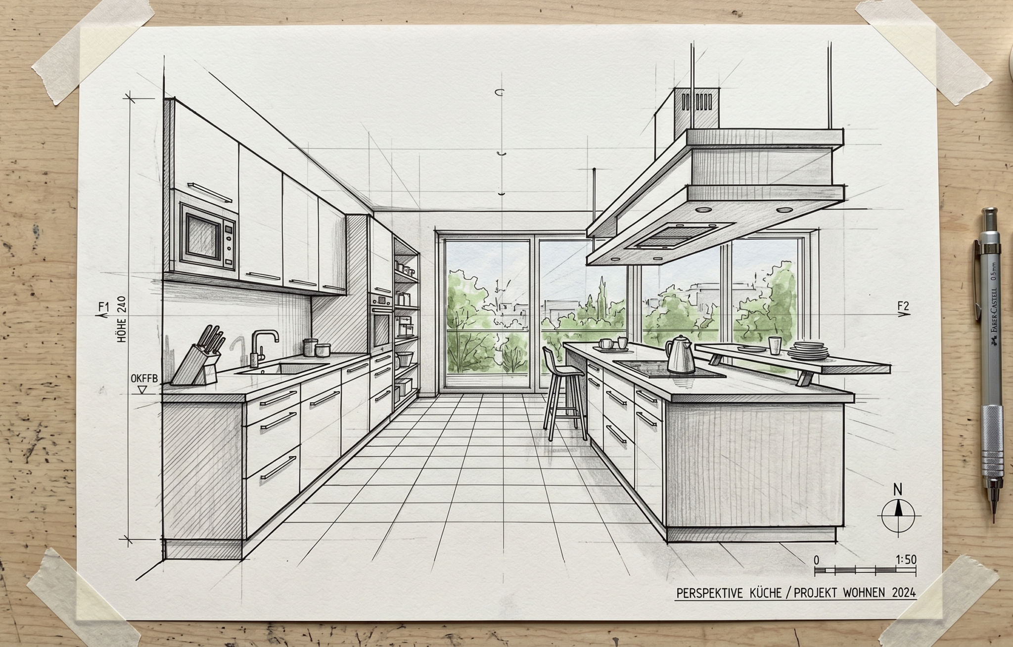 Skizze einer Küchenplanung