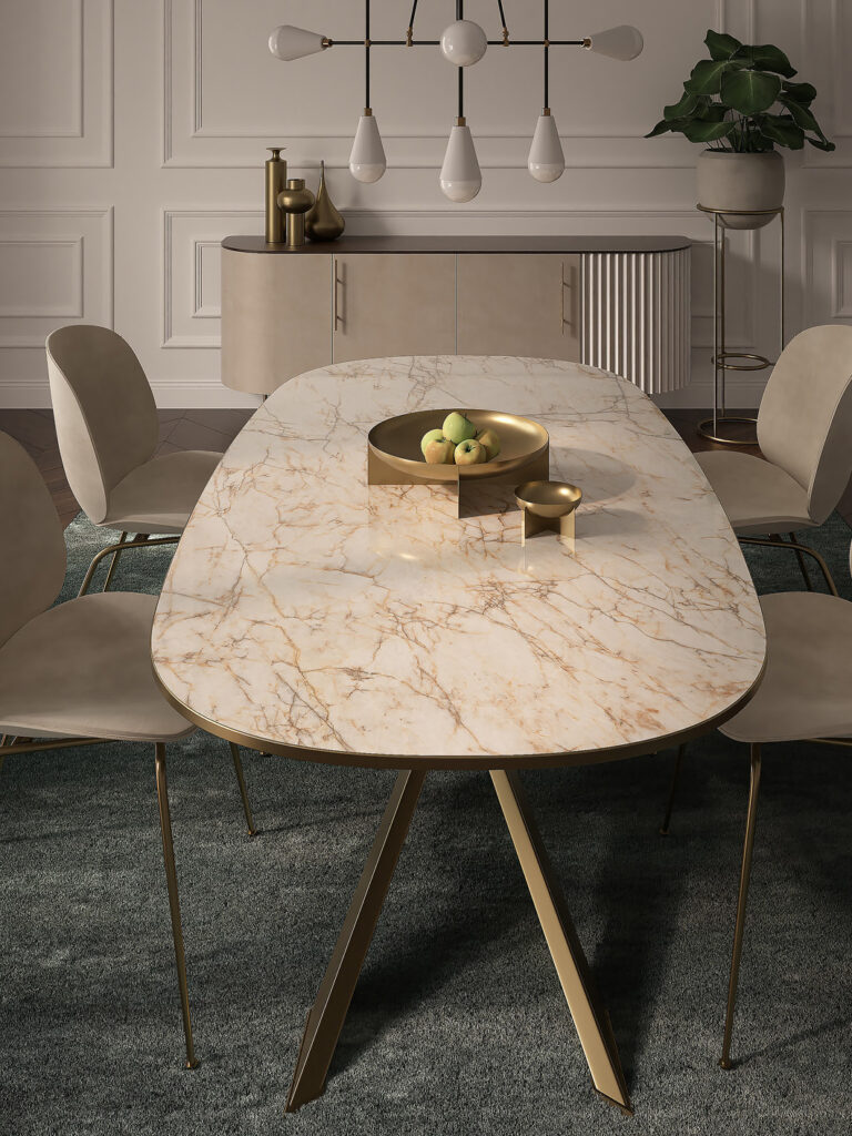 Esstisch mit quarz arbeitsplatte und bestuhlung von laminam