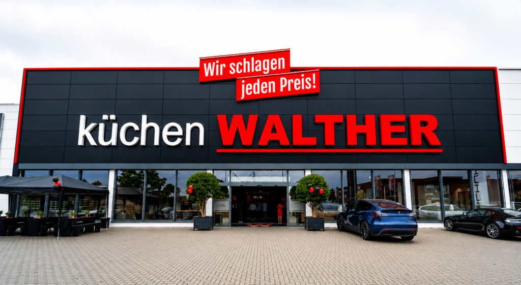 Außenansicht vom küchen WALTHER Küchenstudio Viernheim mit rotem Schriftzug „Wir schlagen jeden Preis!“
